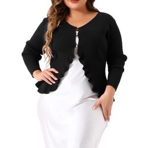 Plus Size Knit Sweater Ruffled Button Cardigan Outerwear Black